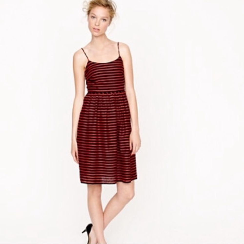 J. Crew Striped Derby Linen Blend Fit and Flare Dress Black‎ Red Womens Size 4